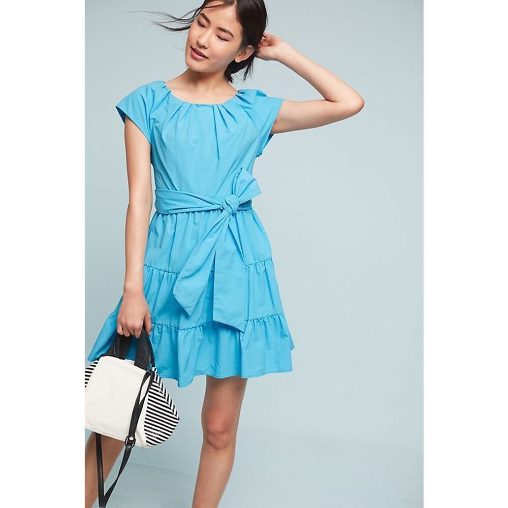 New Anthropologie Tiered Poplin Swing Dress By Eva Franco $168 Size 4P Blue